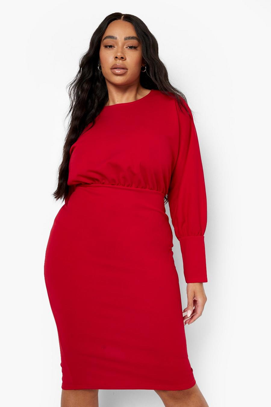 Red Plus Blouson Sleeve Midi Dress