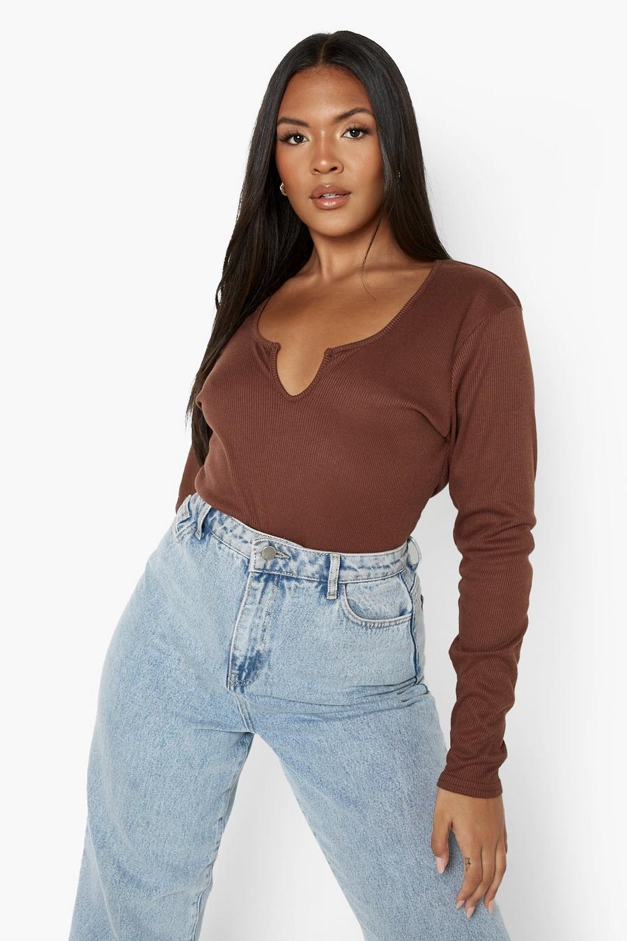 Chocolate Plus Knit Notch Front Long Sleeve Bodysuit image number 1