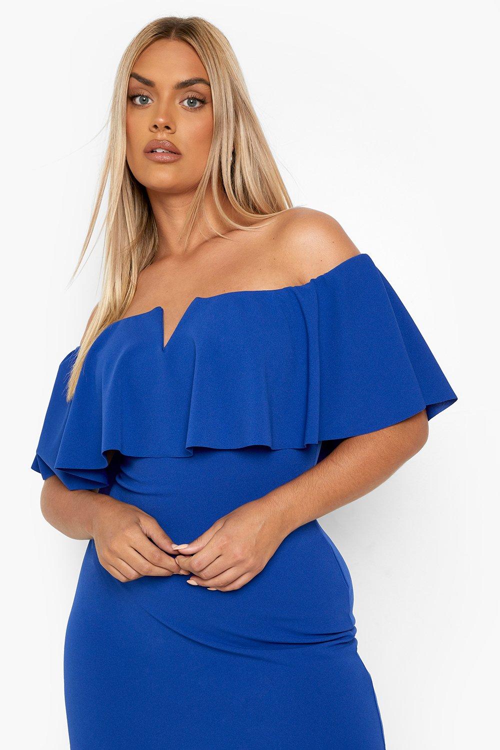 Blue ruffle off discount the shoulder dress