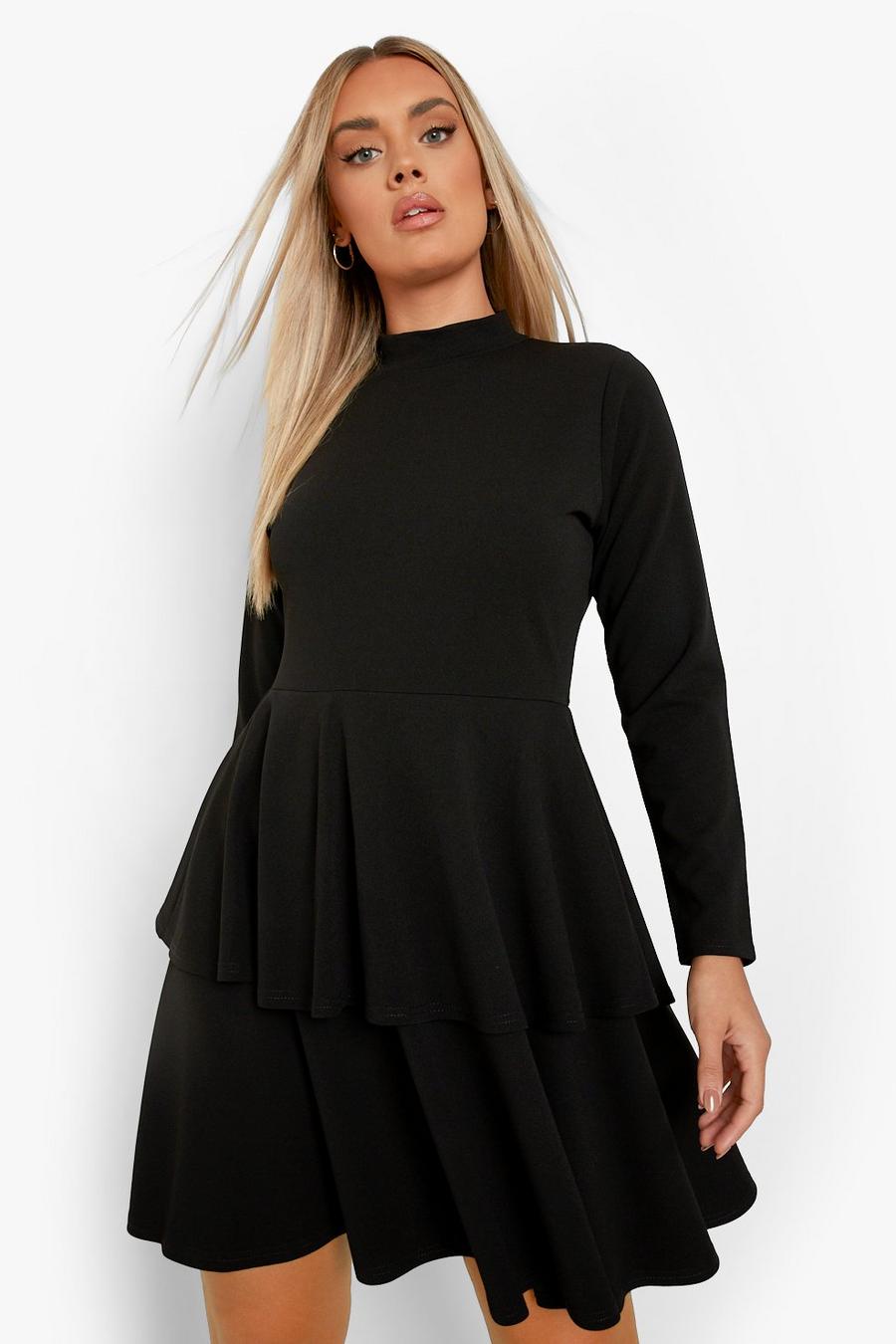 שחור שמלת סקייטר שכבות עם צווארון גבוה, למידות גדולות image number 1