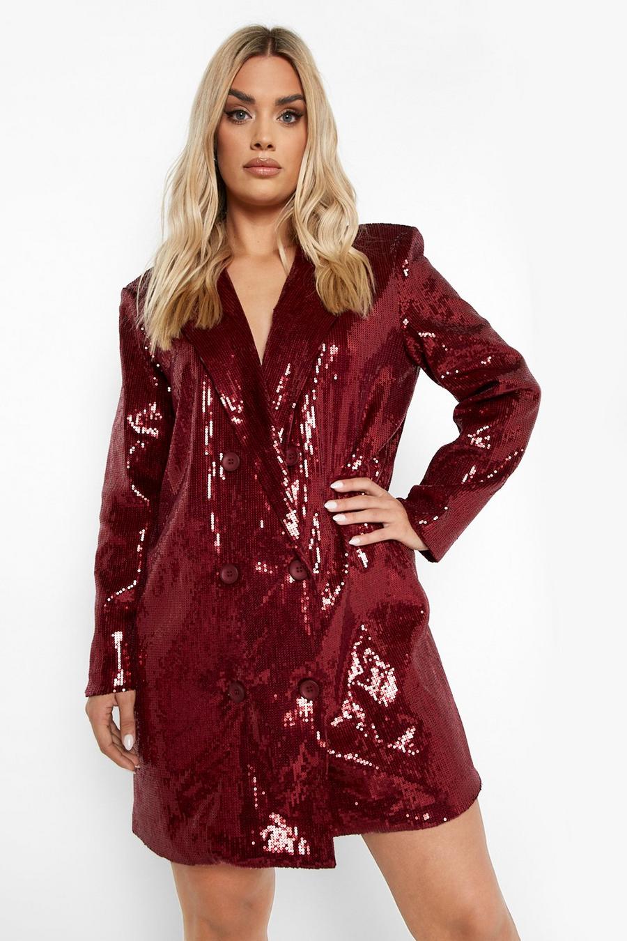 Berry red Plus Sequin Button Blazer Dress image number 1