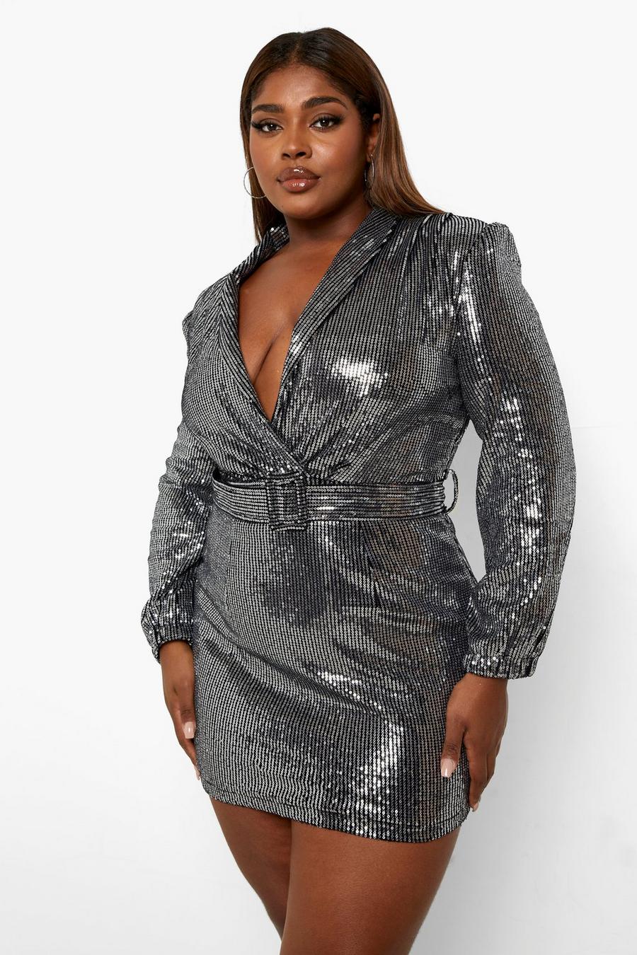 Silver Plus Sequin Belted Blazer Dress image number 1