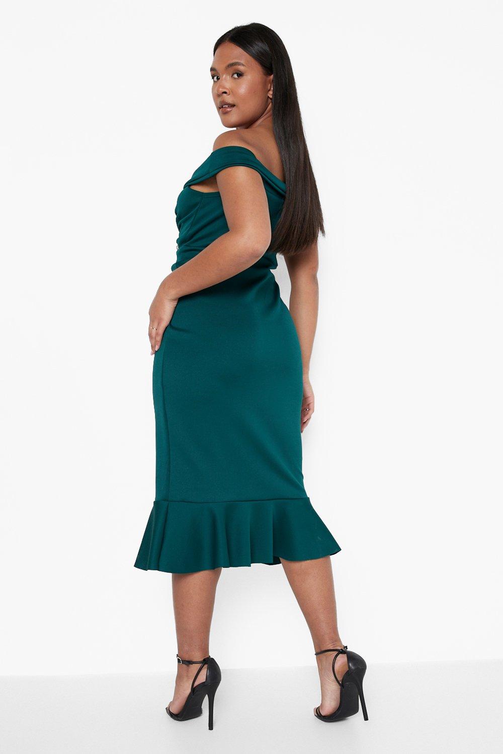 bottle green bardot dip hem dress