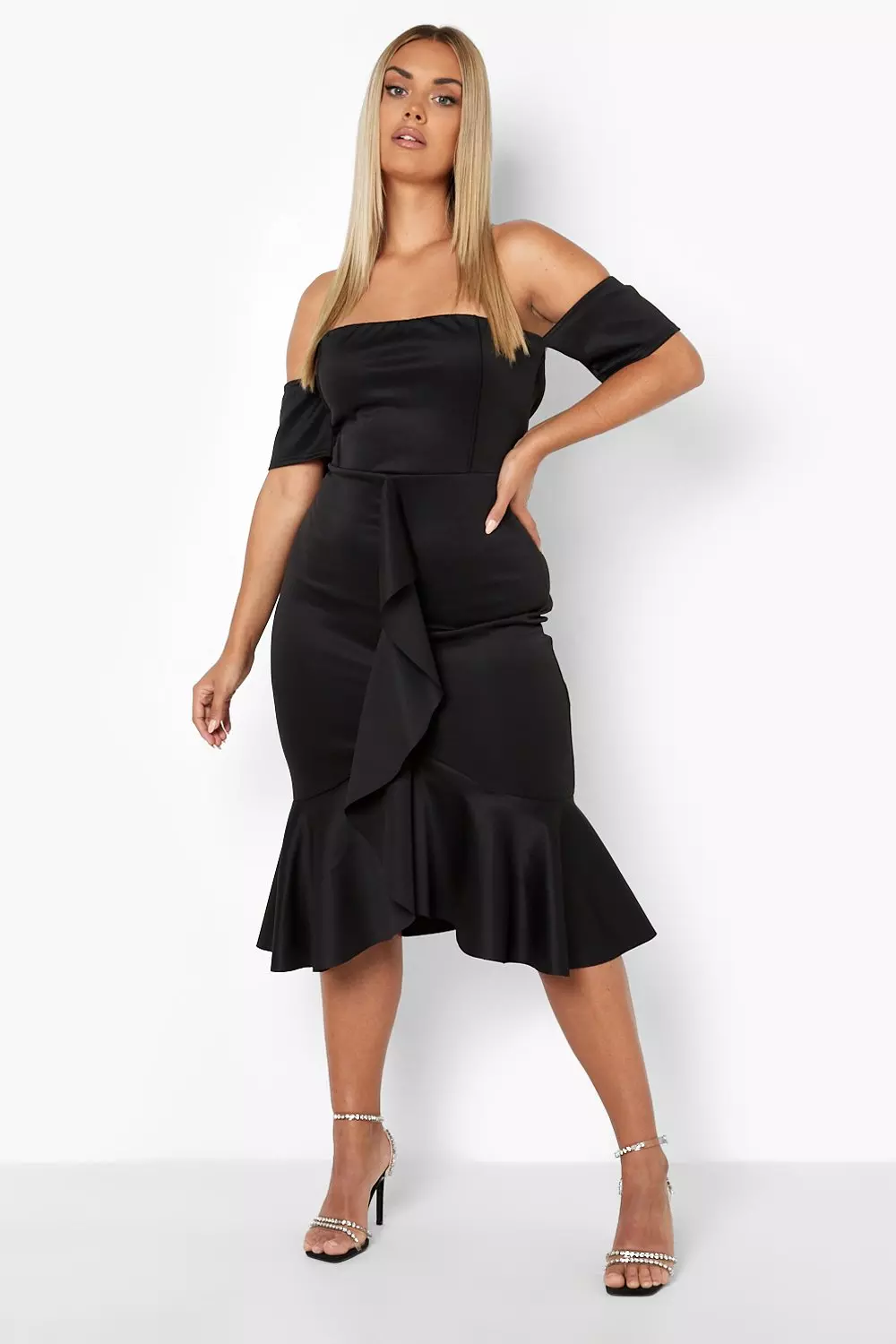 Black bardot store fishtail midi dress