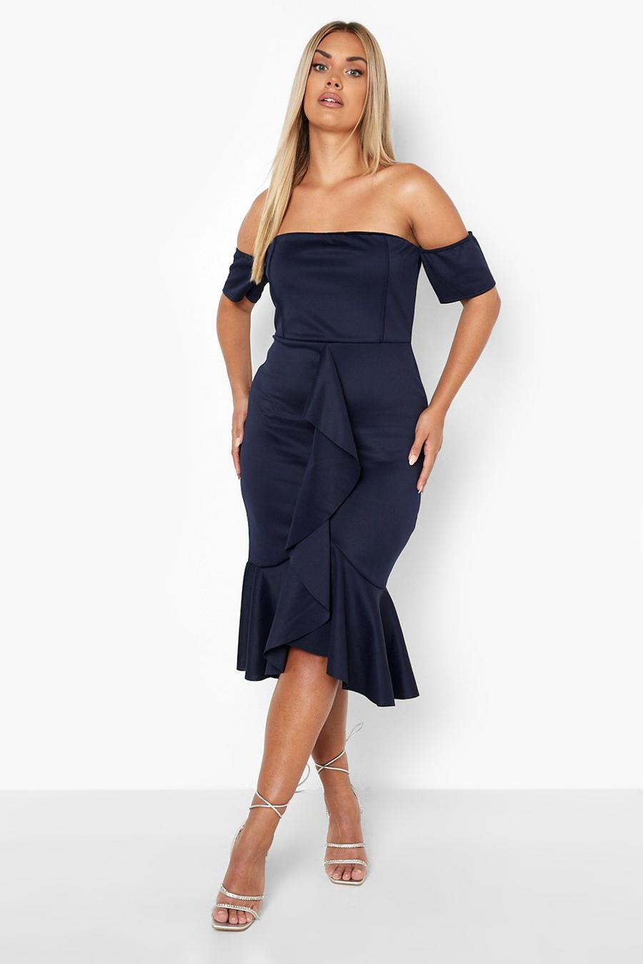 Navy Plus Scuba Off The Shoulder Fish Tail Midi Dress image number 1
