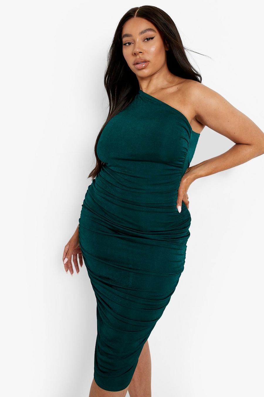 Emerald Plus Slinky One Shoulder Detail Midi Dress image number 1