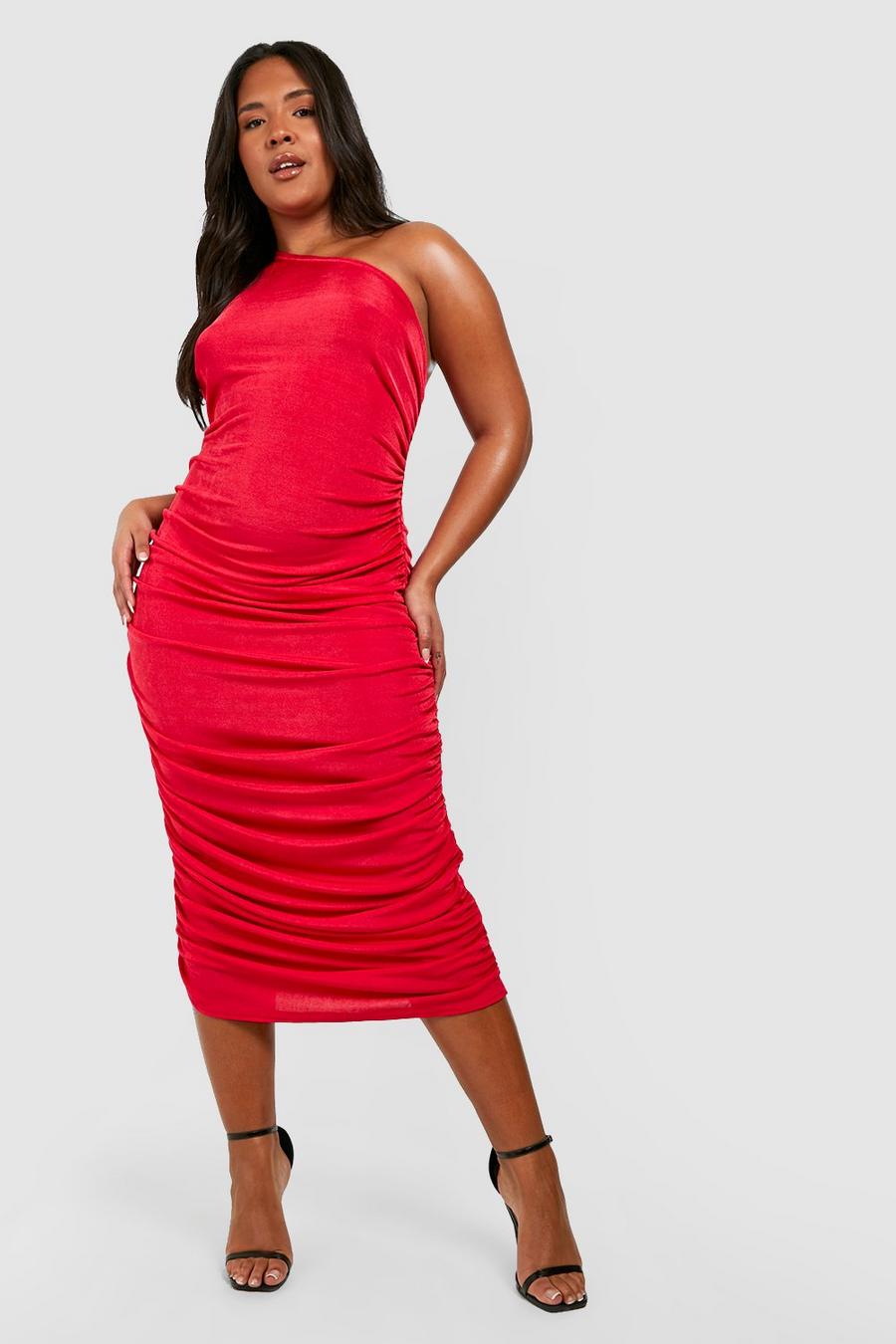 Red Plus Slinky One Shoulder Detail Midi Dress image number 1