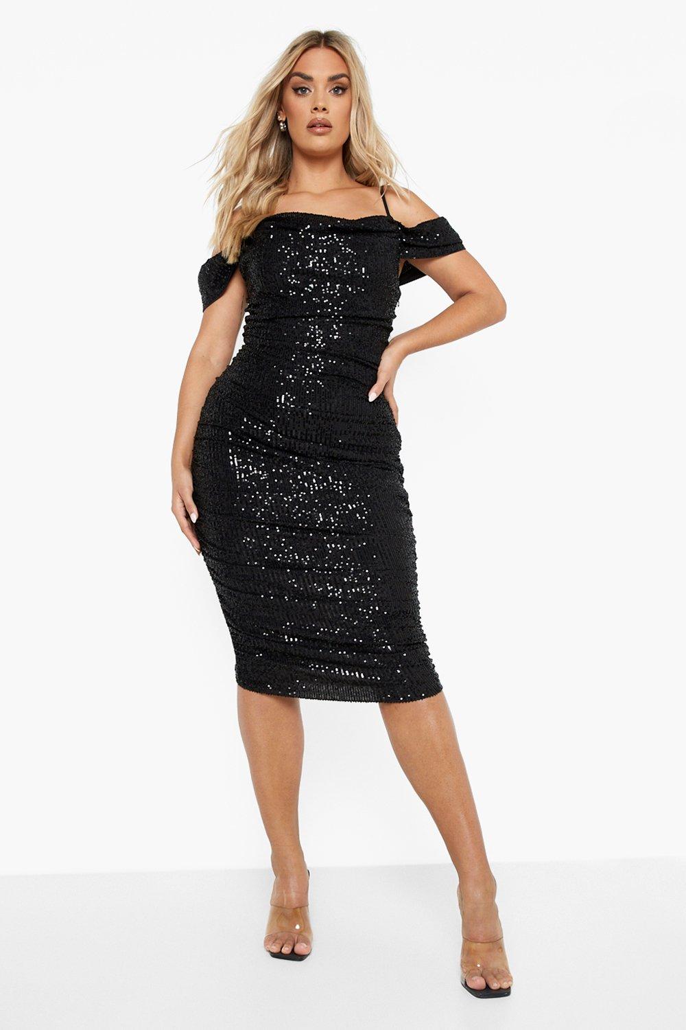 OFF THE SHOULDER RUCHED MIDI DRESS - Black