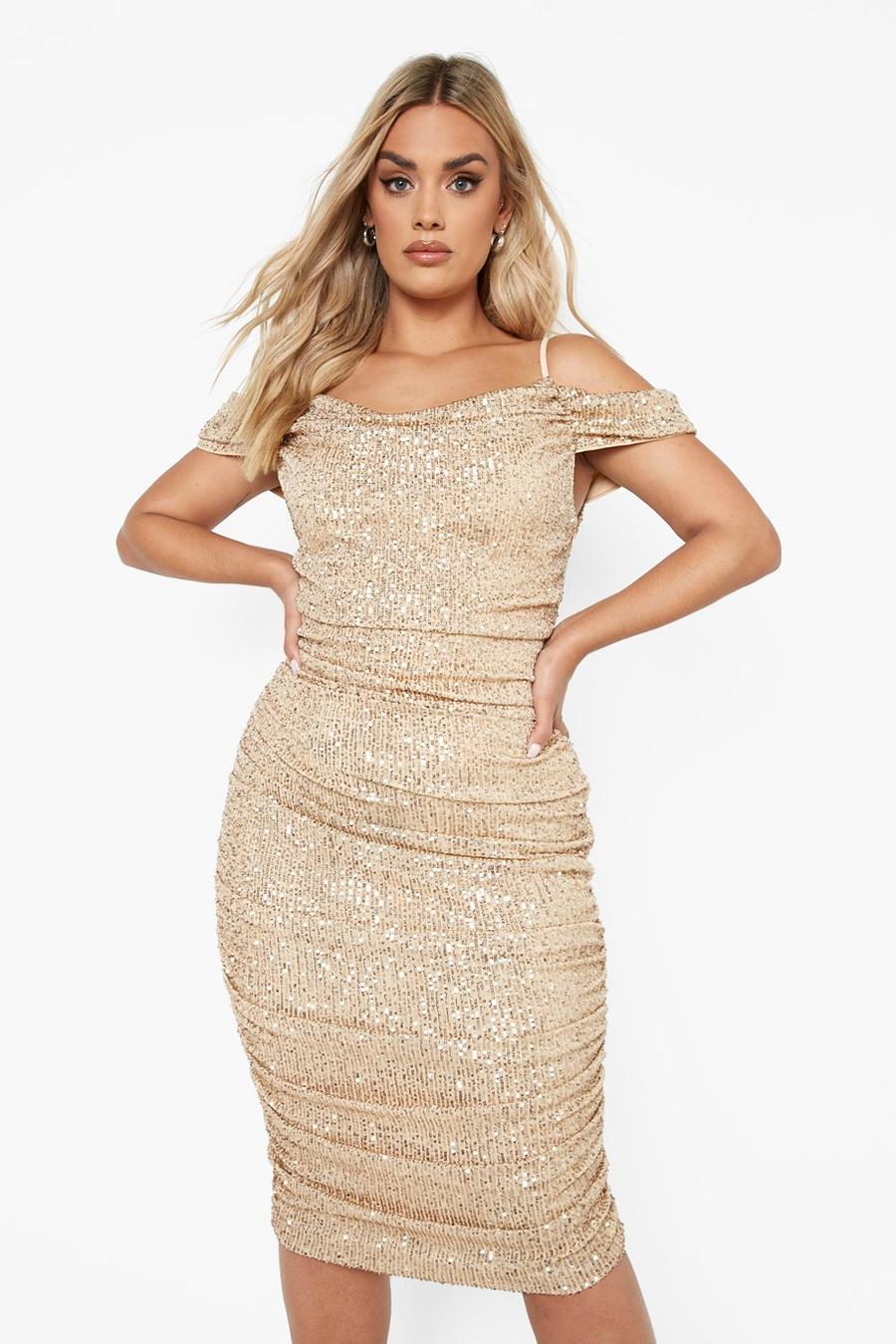 Gold Plus Sequin Bardot Ruched Midi Dress image number 1