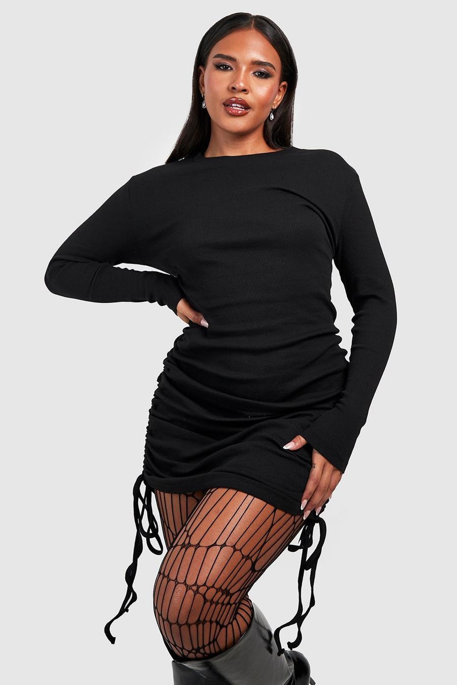 Black Plus Rib Ruched Long Sleeve Bodycon Dress patchwork image number 1