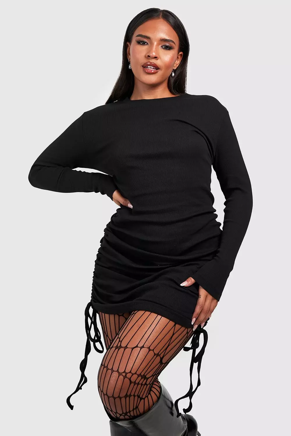 Plus Rib Ruched Long Sleeve Bodycon Dress