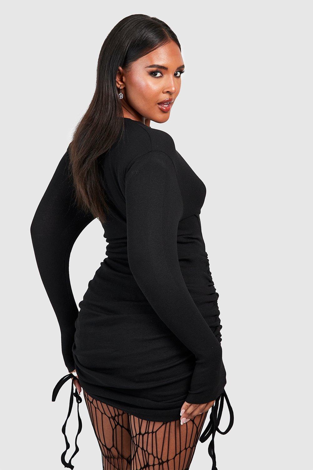 Plus Rib Ruched Long Sleeve Bodycon Dress