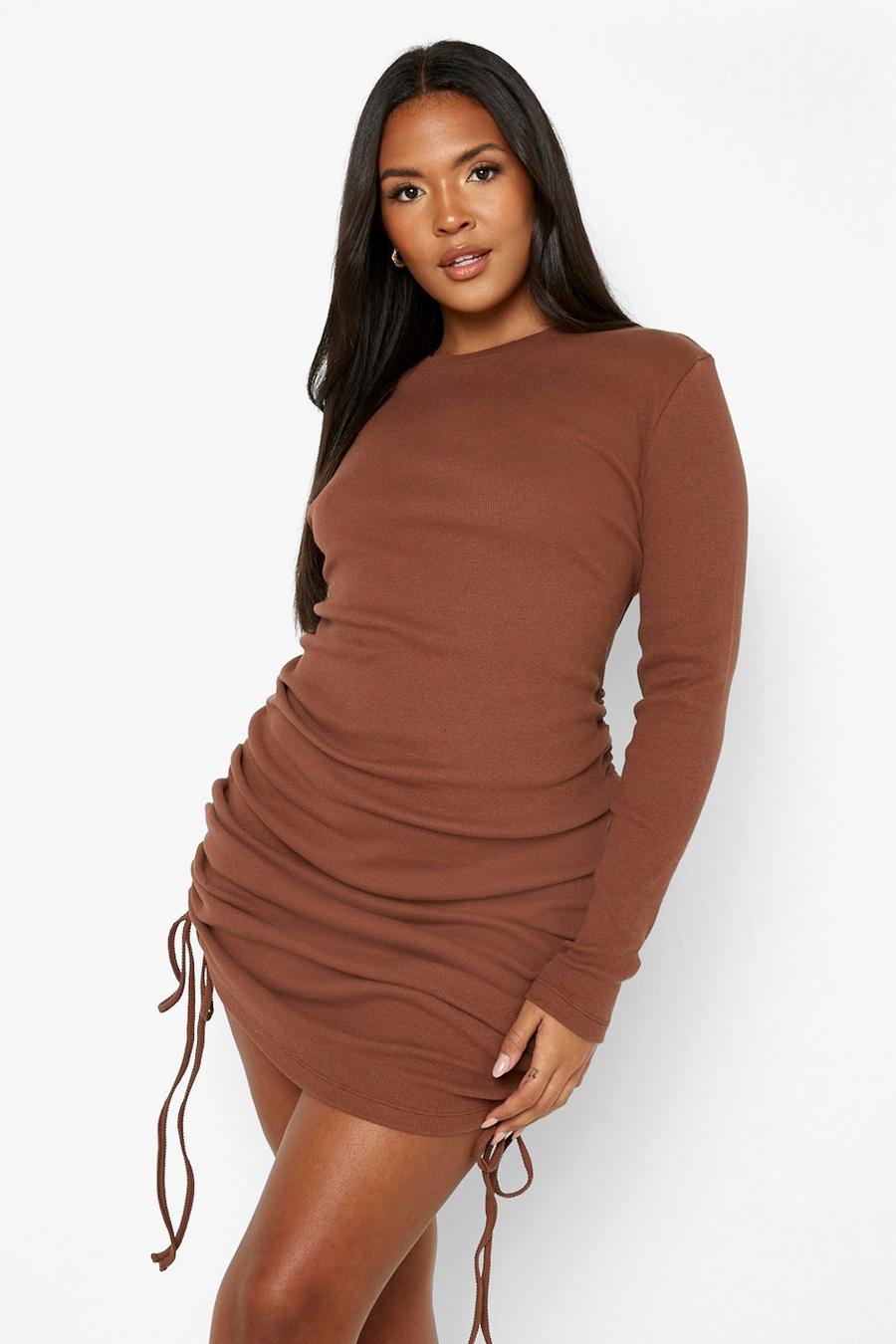 Chocolate Plus Rib Ruched Long Sleeve Bodycon Dress slim image number 1