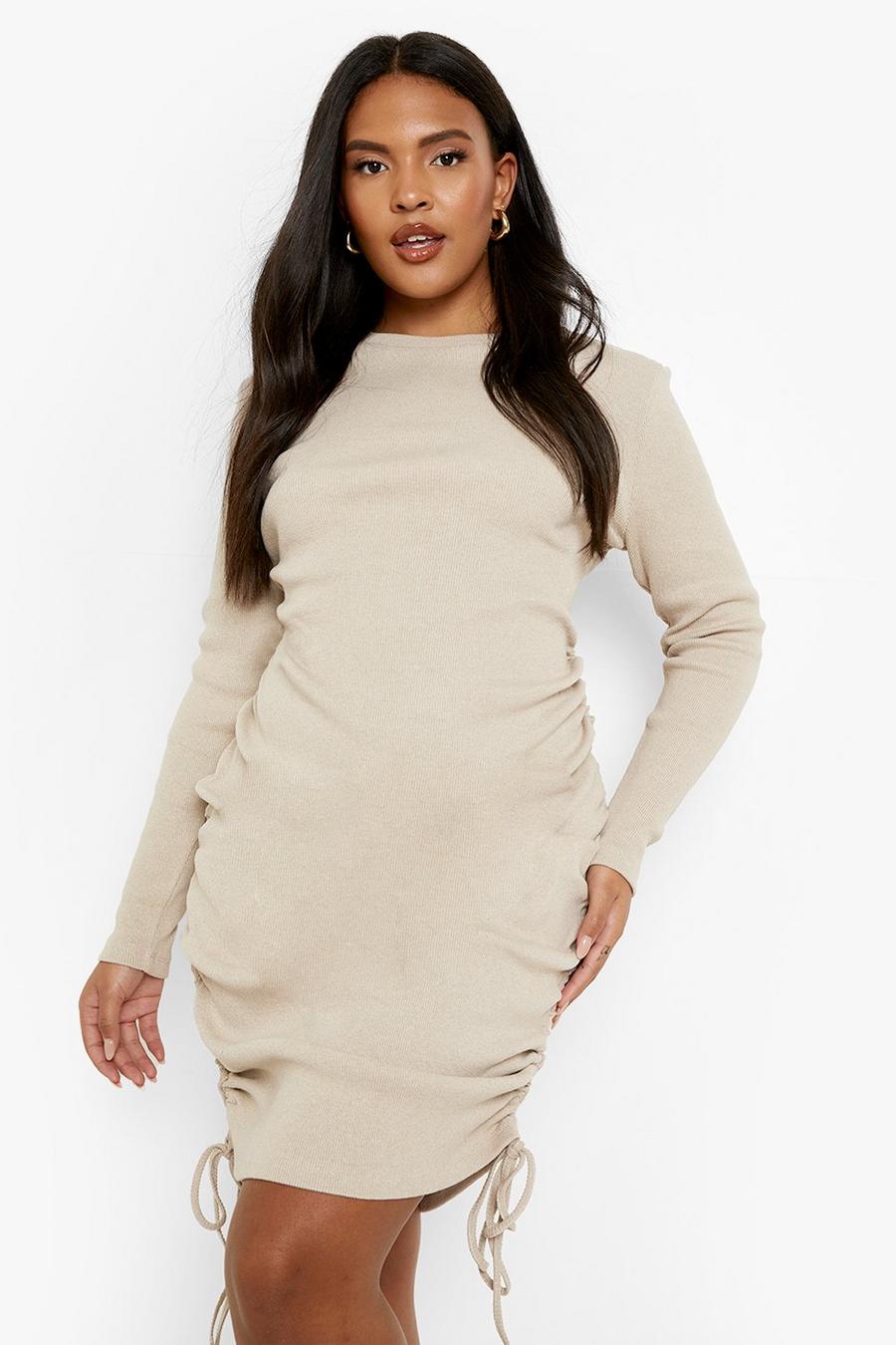 Stone Plus Rib Ruched Long Sleeve Bodycon Dress image number 1