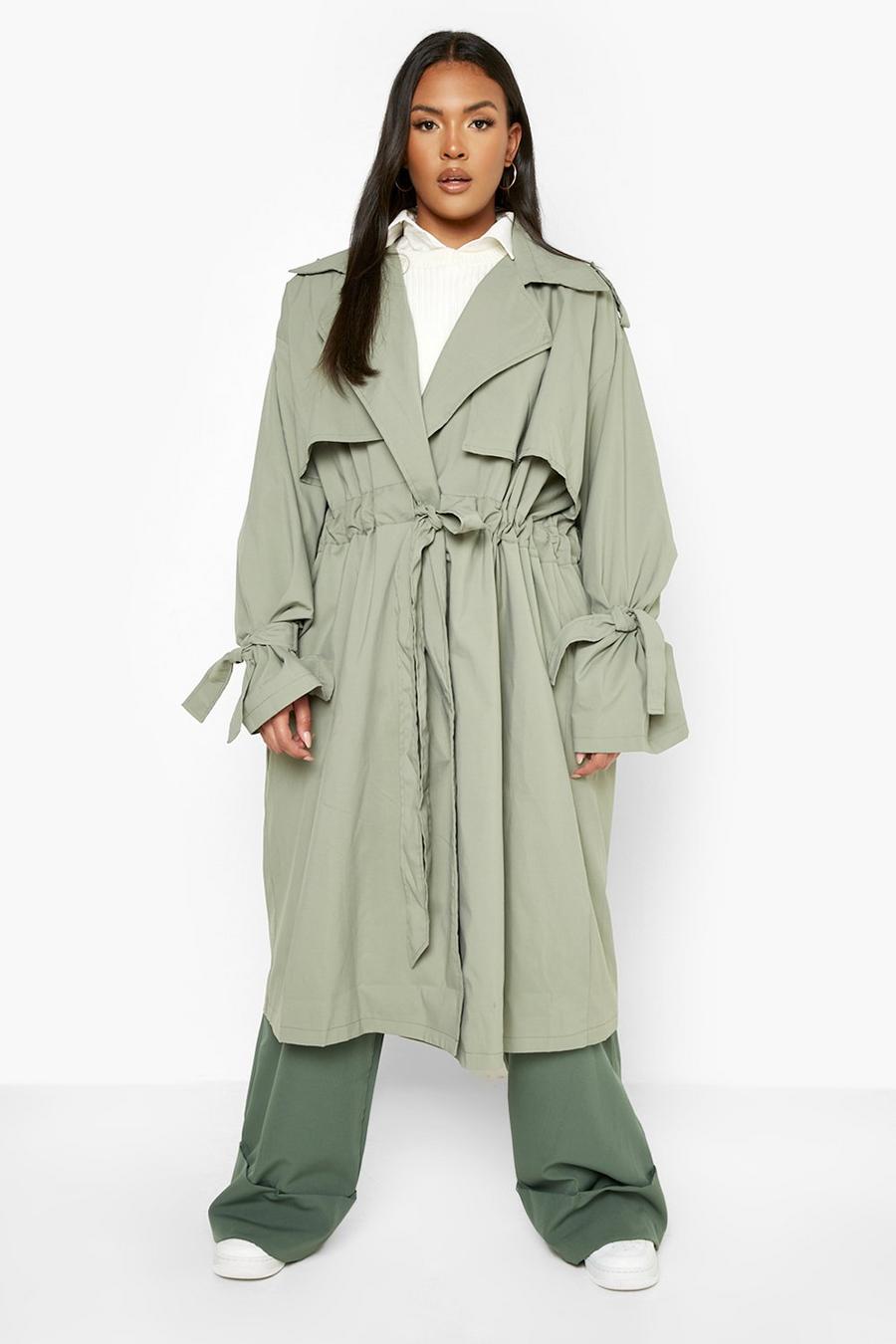 Khaki Plus Tie Sleeve Ruched Trench Coat image number 1