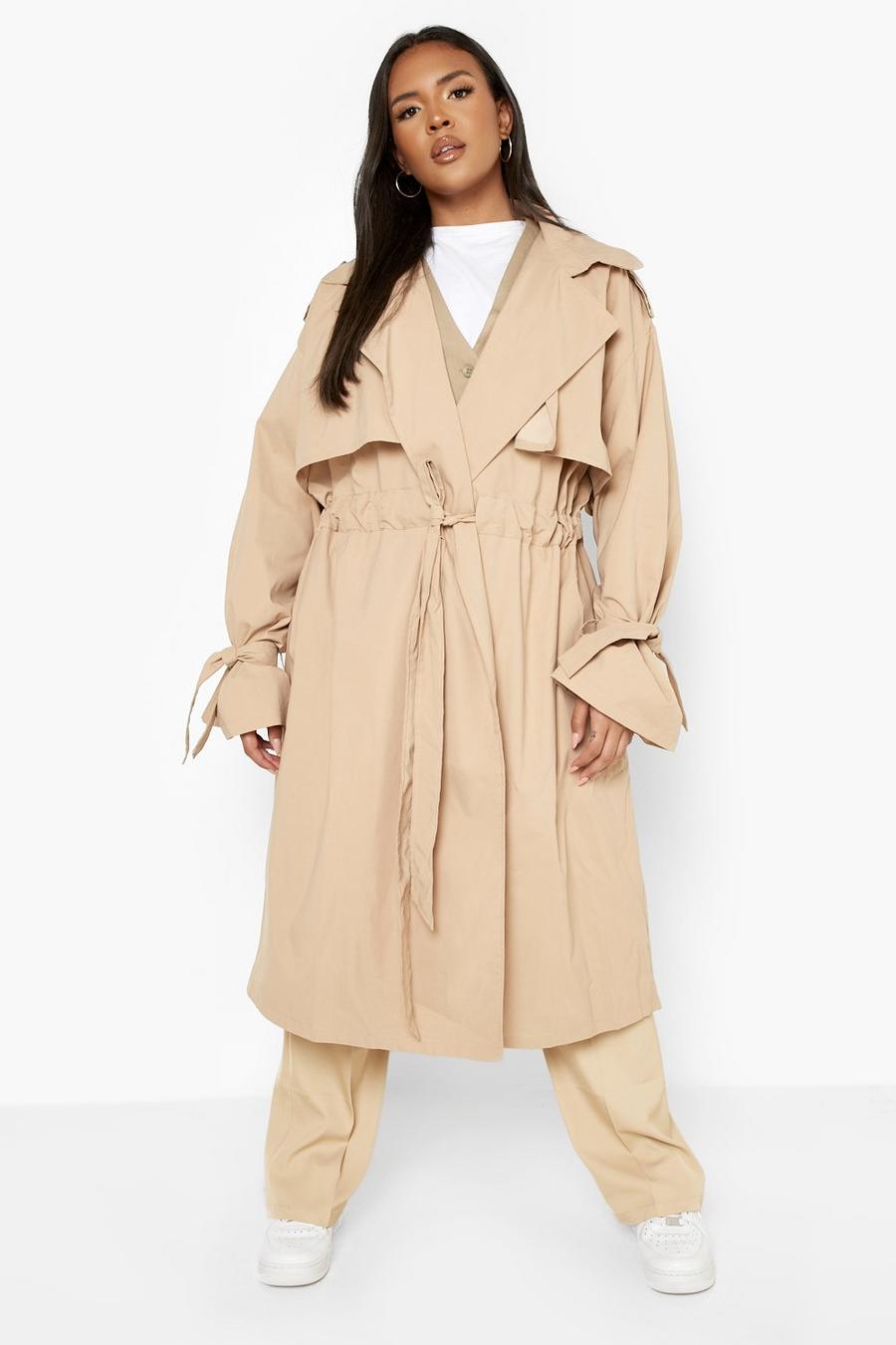 Stone beige Plus Tie Sleeve Ruched Trench Coat