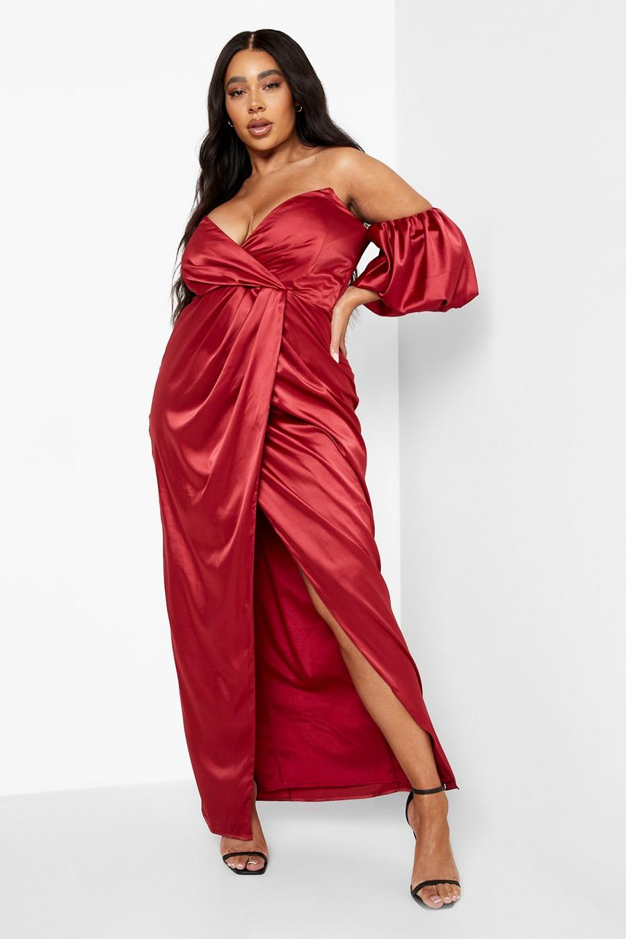Red Plus Satin Puff Sleeve Wrap Maxi Dress
