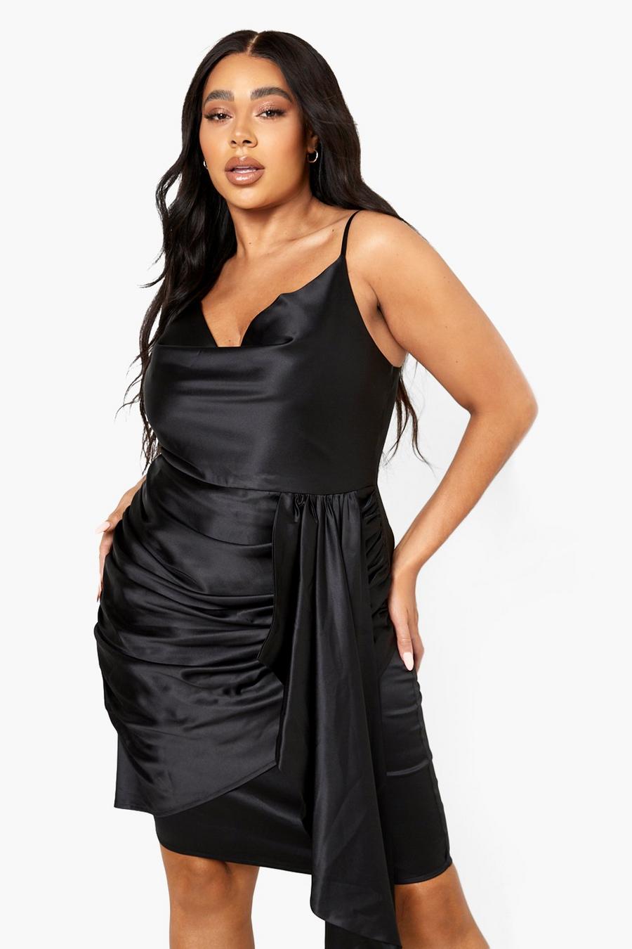 Black Plus Satin Cowl Neck Drape Detail Mini Dress image number 1