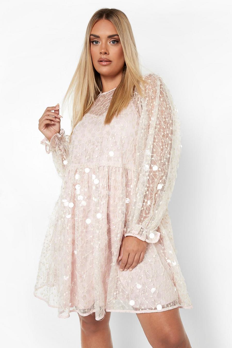 Blush rosa Plus Disk Sequin Blouson Sleeve Smock Dress