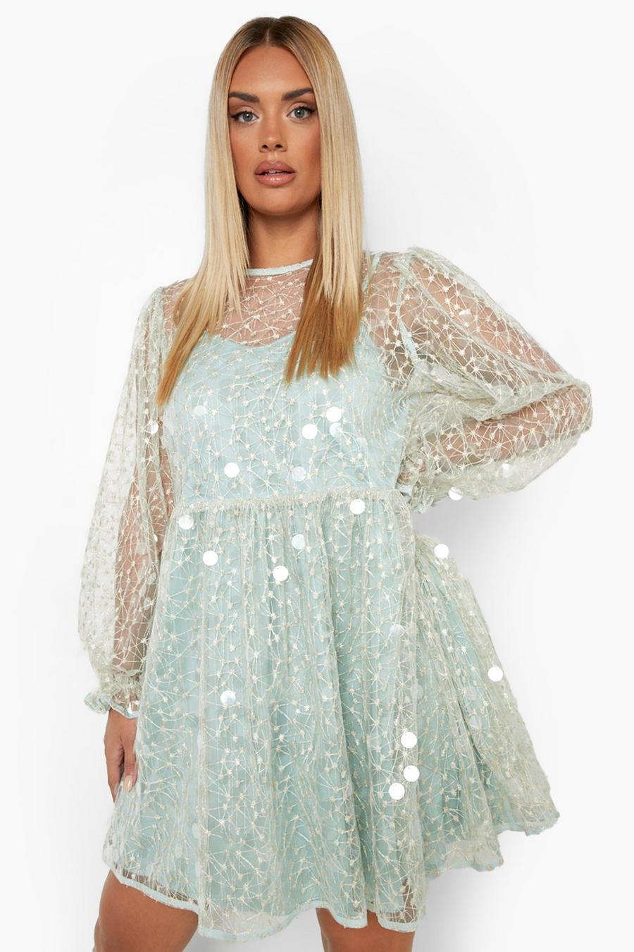 מרווה שמלת סמוק עם פייטים בצורת דיסקית ושרוולי בלוזון, מידות גדולות image number 1