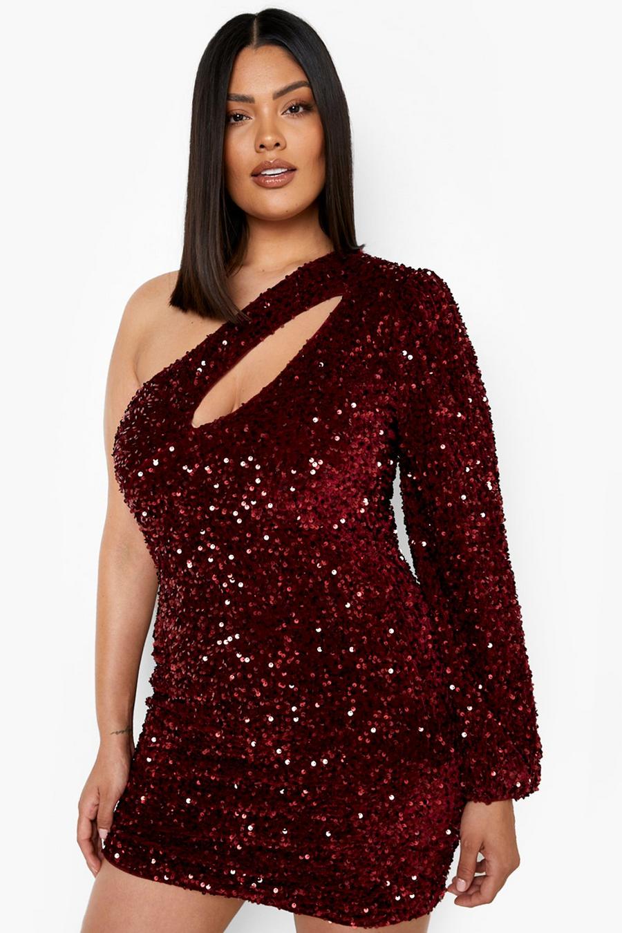 Berry Plus Sequin Cut Out One Shoulder Dress image number 1