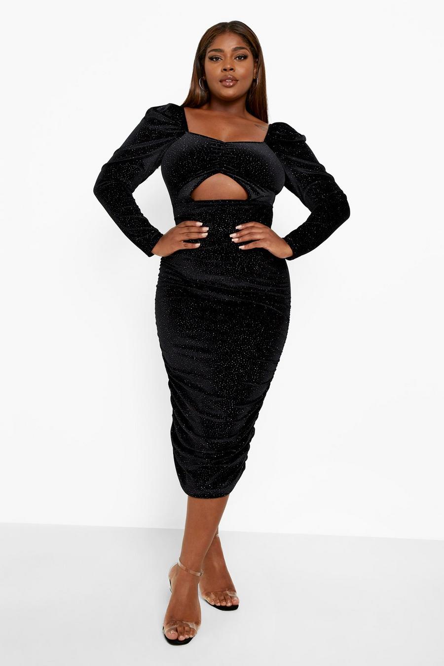 שחור שמלת קטיפה מידי בצבעי הקשת עם שרוולים תפוחים, למידות גדולות image number 1