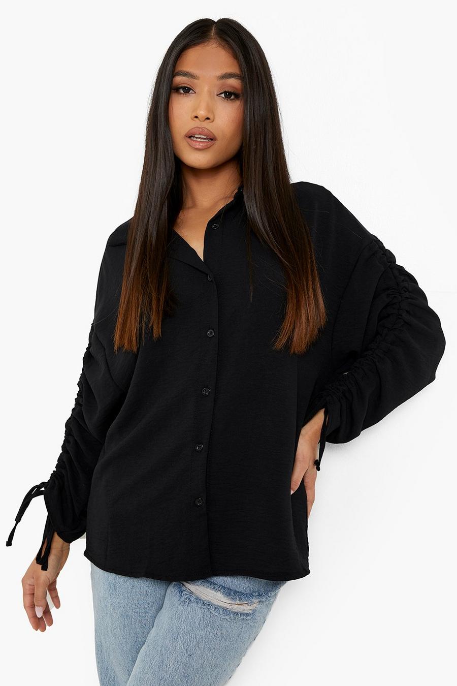 Black Petite Ruched Sleeve Satin Oversized Shirt image number 1