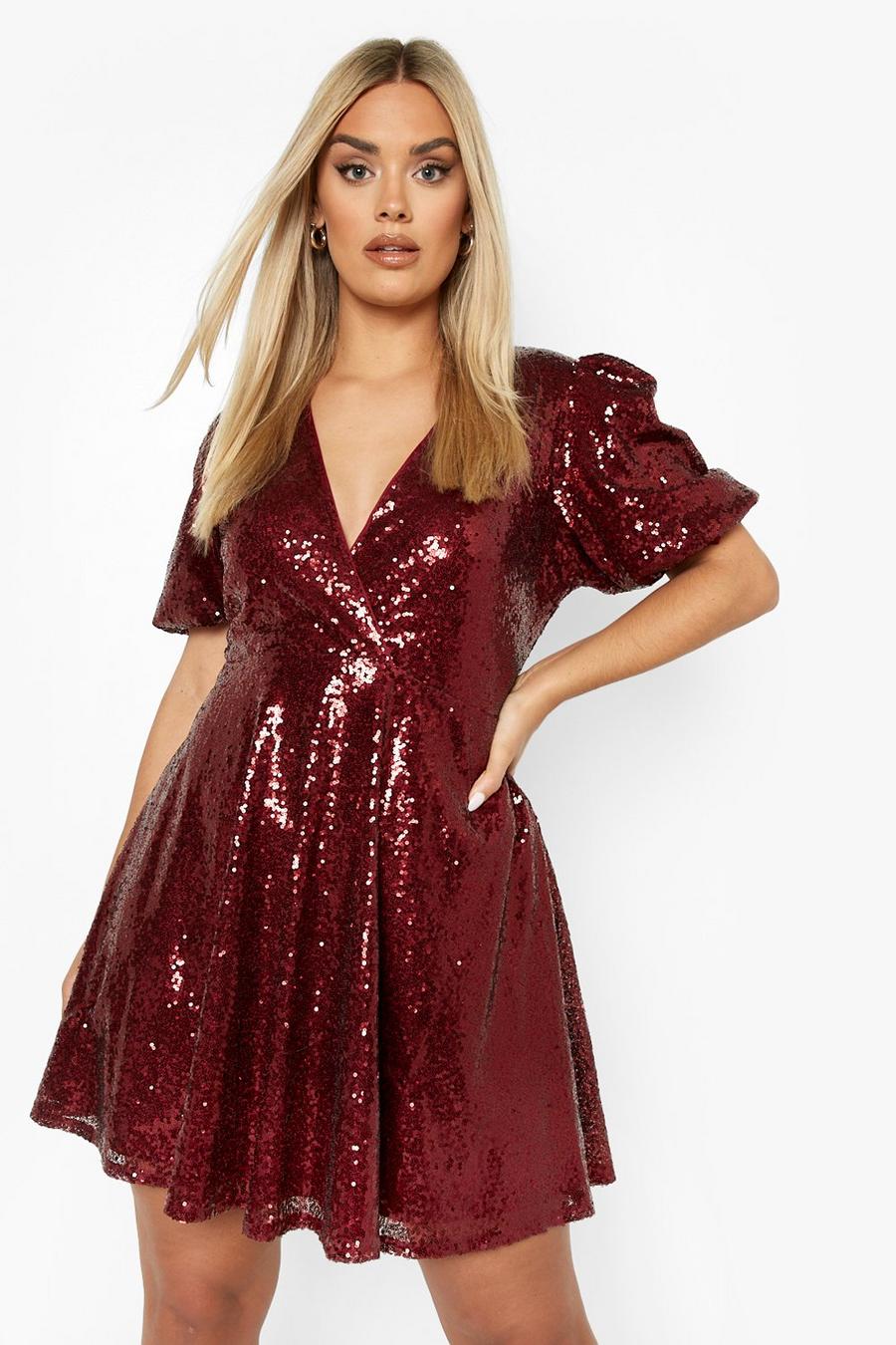 Plus Sequin Puff Sleeve Skater Dress image number 1