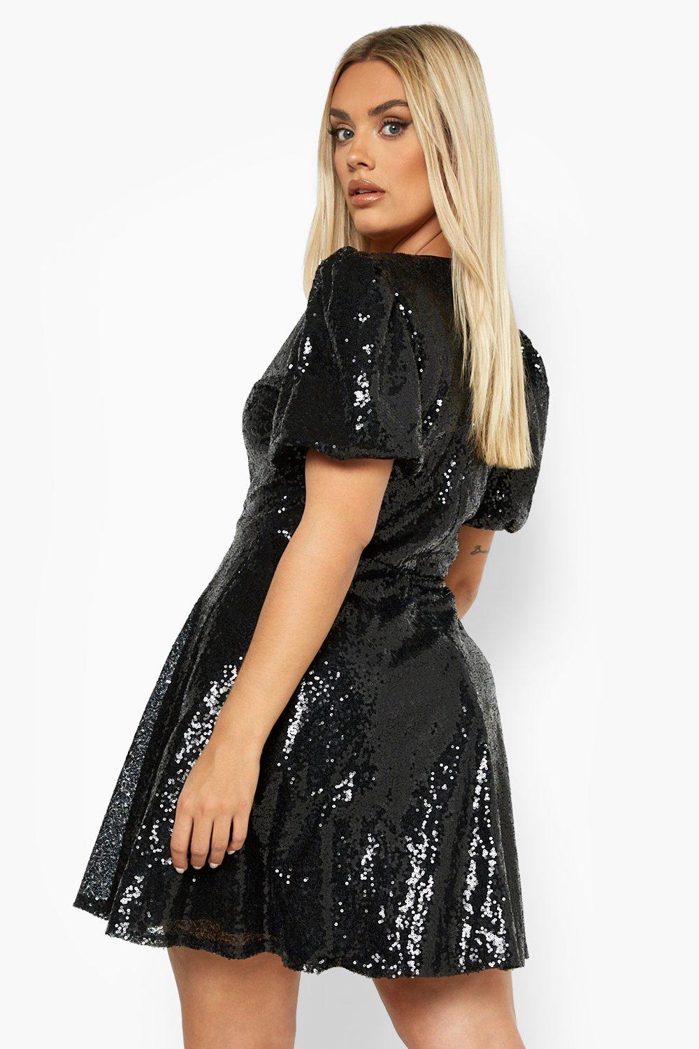 Grande taille Robe patineuse paillettes et manches bouffantes