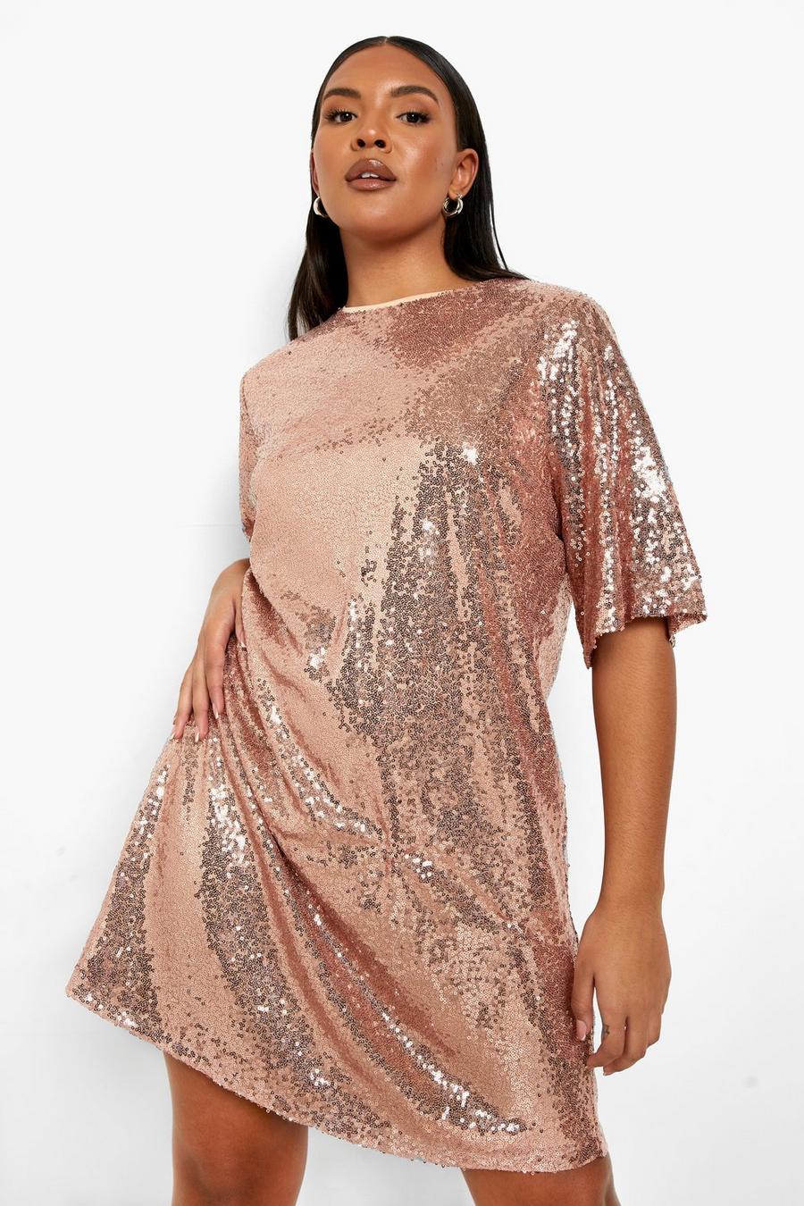 Rose gold metallic Plus Sequin Sleeve Shift Dress