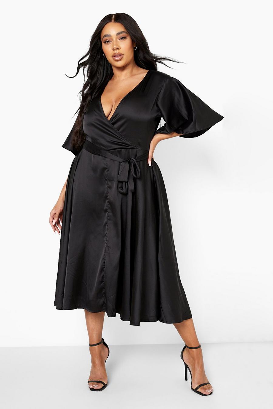 Black Plus Satin Angel Sleeve Wrap Midi Dress image number 1