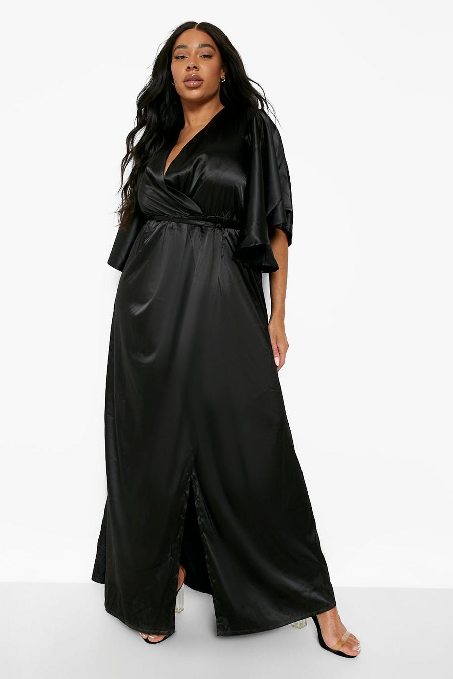 Black Plus Angel Sleeve Satin Maxi Dress