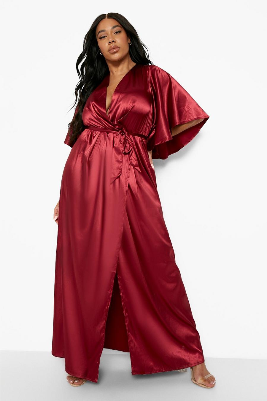 Wine red Plus Angel Sleeve Satin Maxi Dress