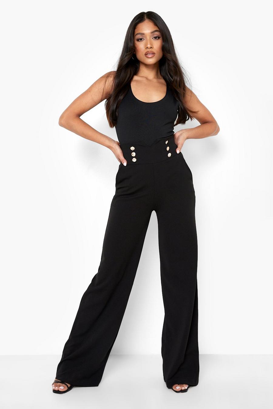 Black Petite Button High Waist Flare Pants image number 1