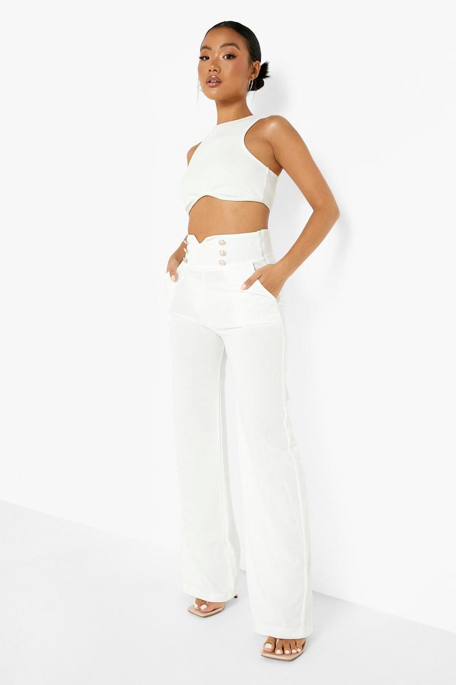 White Petite Button High Waist Flare Pants image number 1