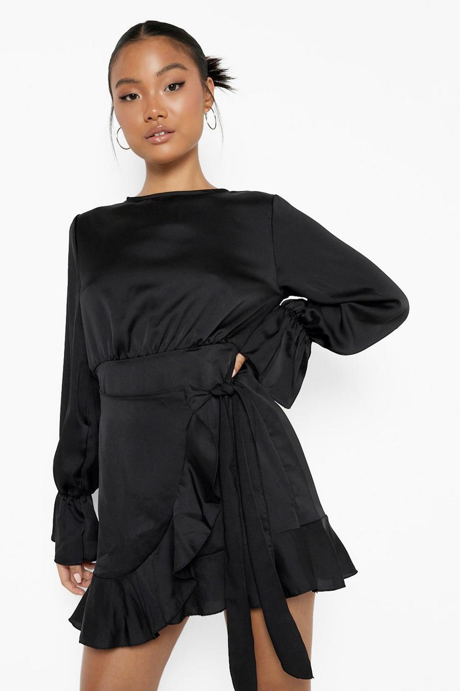 Black Petite Satin Wrap Ruffle Detail Dress image number 1