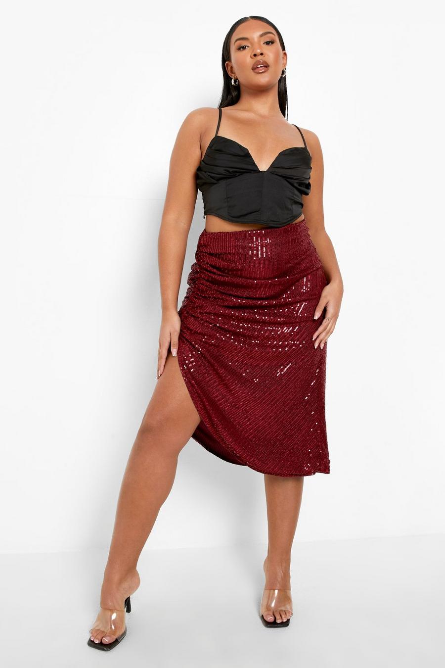Berry Plus Sequin Ruched Midi Skirt image number 1