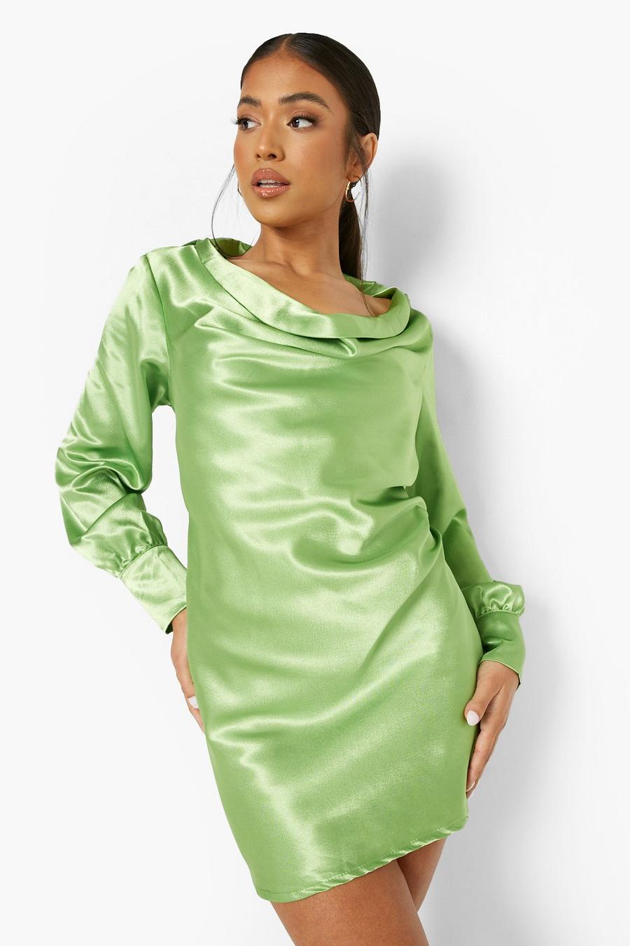 Lime Petite Satin Cowl Front Mini Dress image number 1