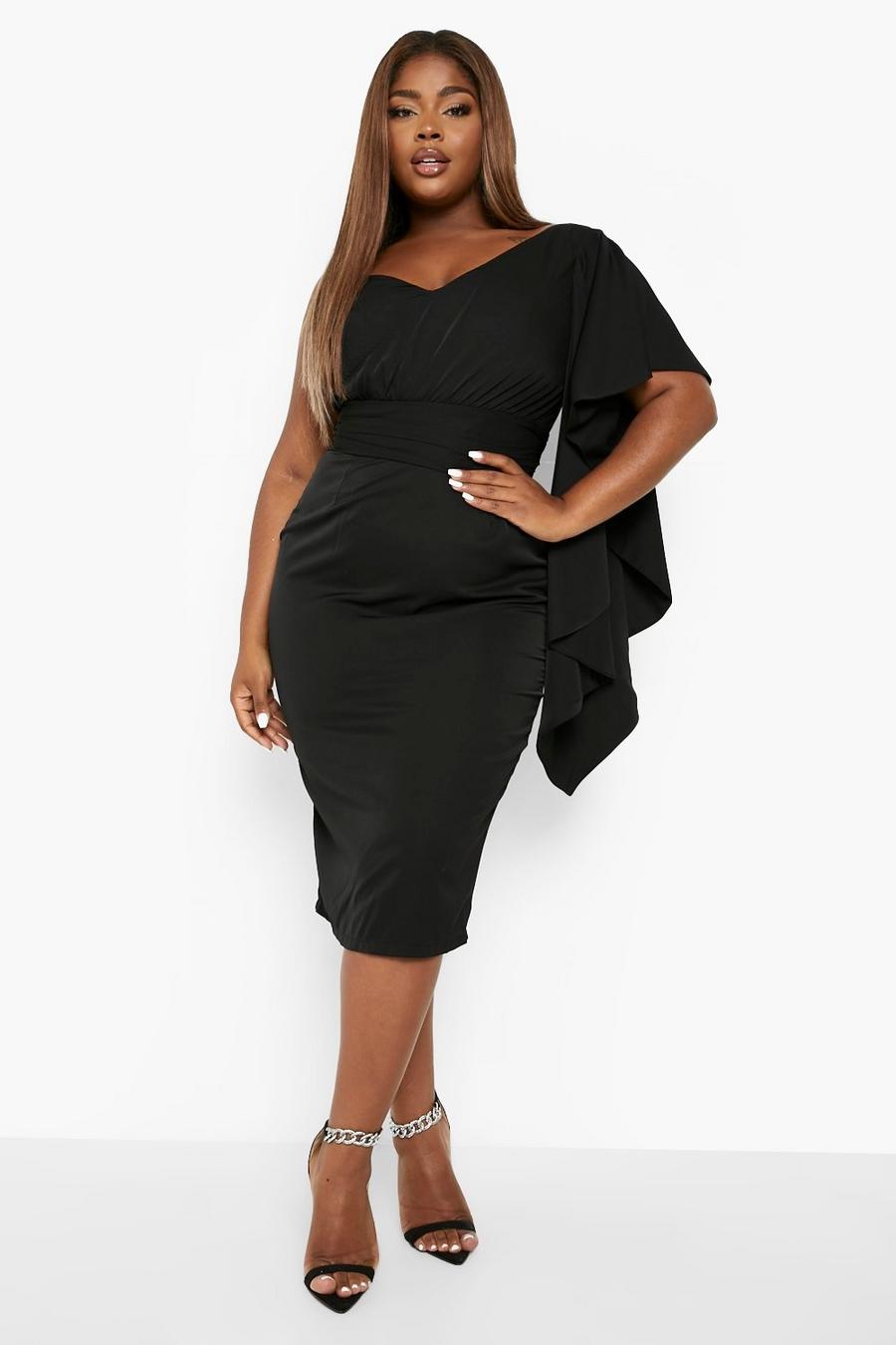 Black Plus  Satin Ruffle Sleeve Midi Dress image number 1