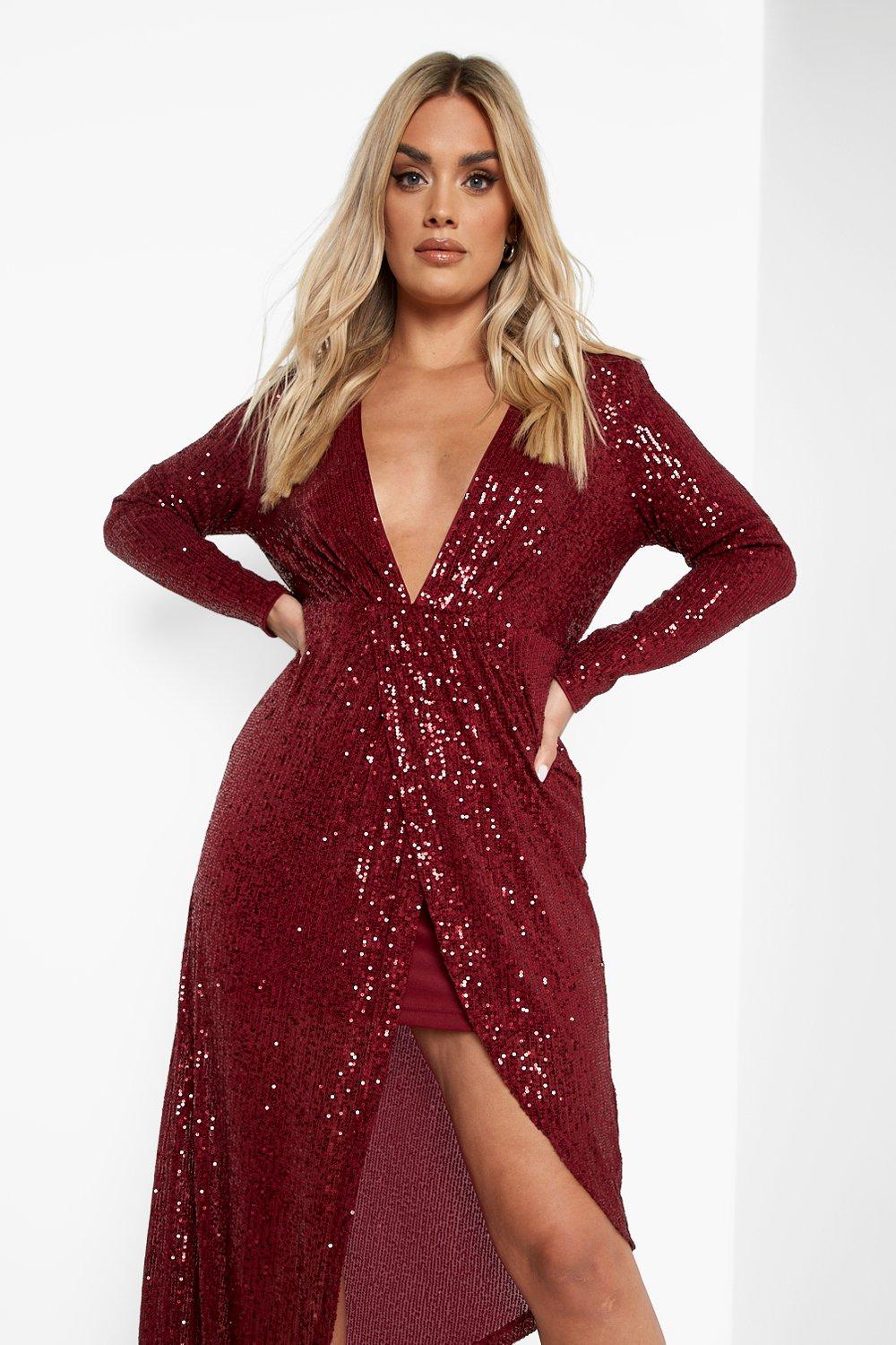 Burgundy bardot v plunge maxi clearance dress