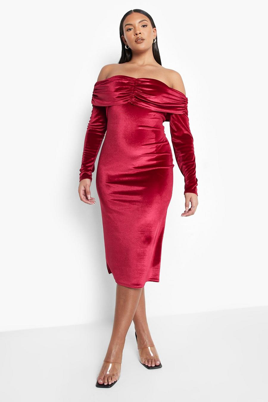 Berry röd Plus Velvet Bardot Long Sleeve Midi Dress image number 1