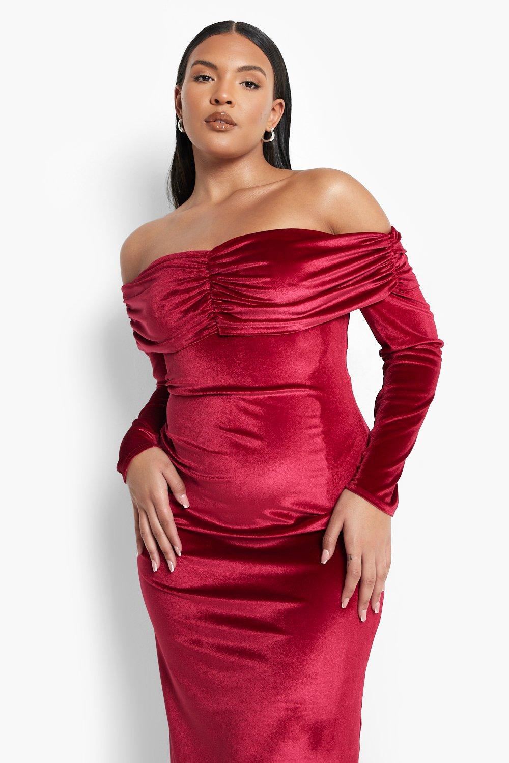 Pleated velvet bardot midi dress online