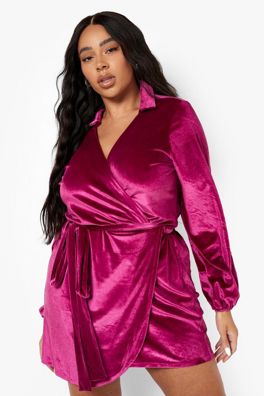 Berry Plus Velvet Wrap Belted Dress image number 1