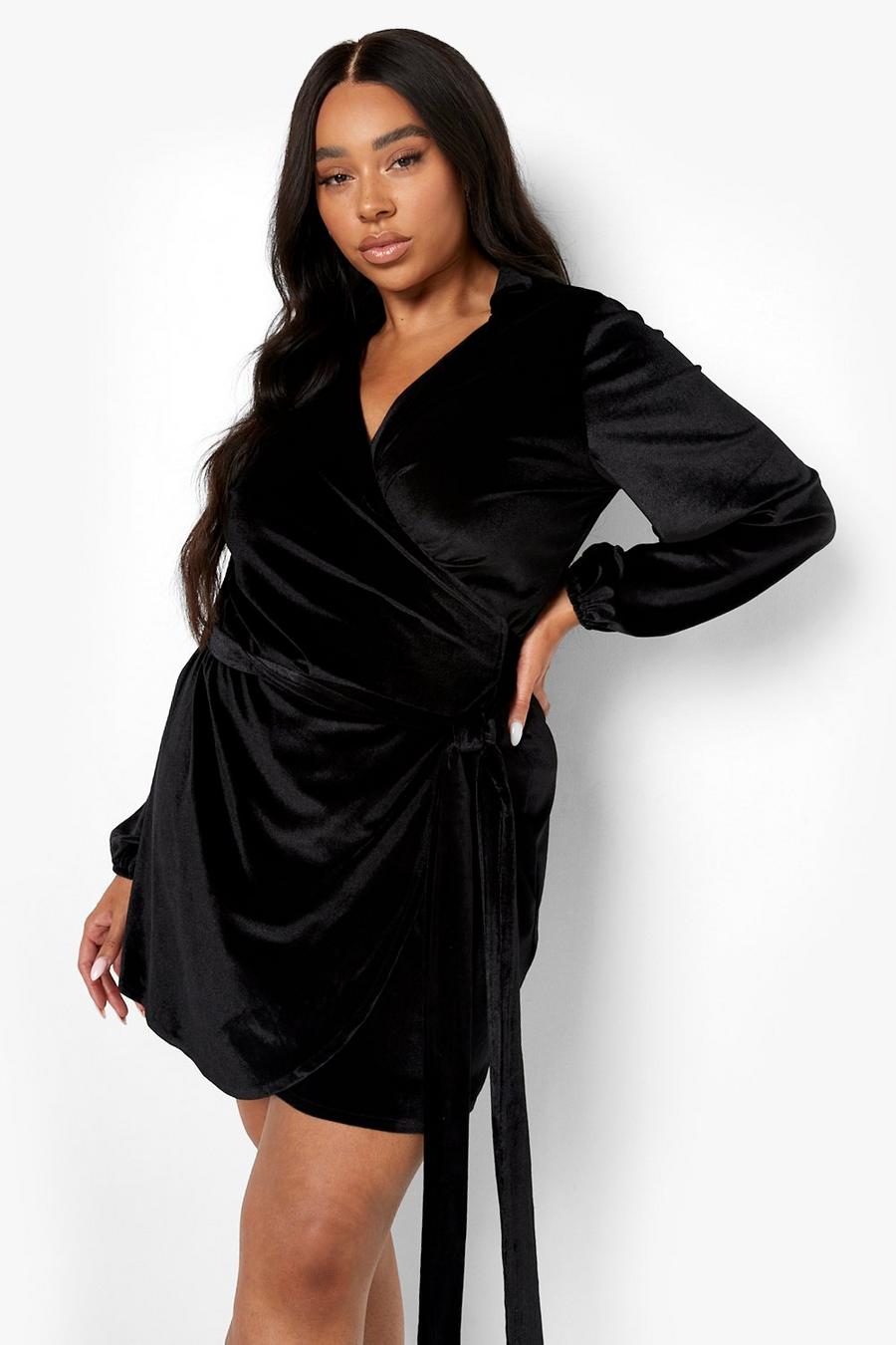 Black schwarz Plus Velvet Wrap Belted Dress