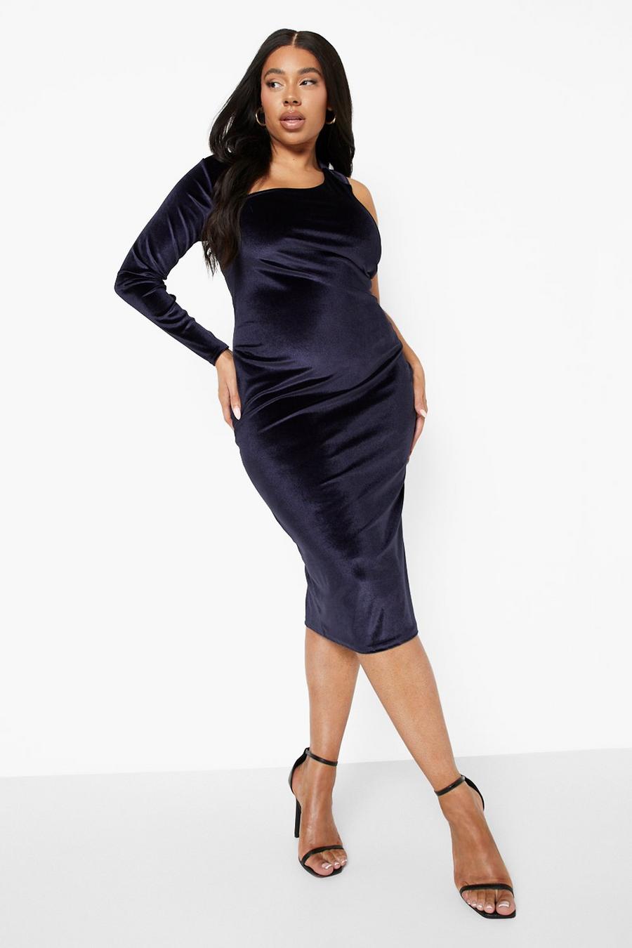 Navy Plus Velvet One Sleeve Cut Out Midi Dress image number 1