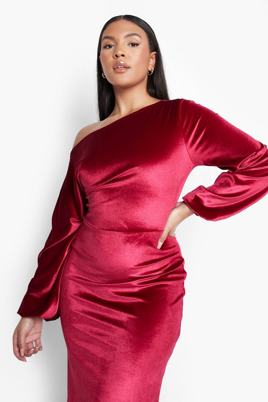 Berry rosso Plus Velvet Off The Shoulder Midi Dress image number 1