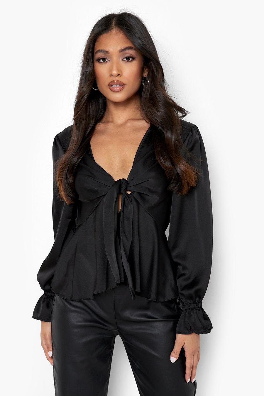 Black Petite Satin Tie Front Flare Cuff Blouse image number 1