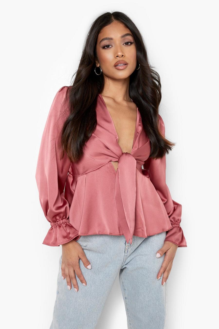 Dusty rose Petite Satin Tie Front Flare Cuff Blouse image number 1