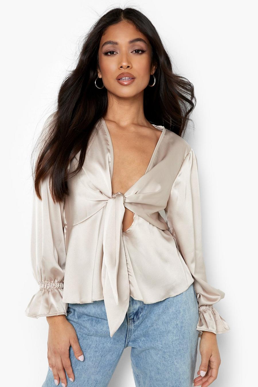 Stone Petite Satin Tie Front Flare Cuff Blouse image number 1