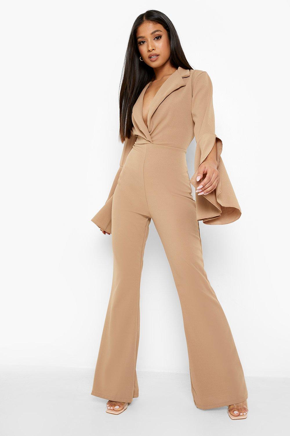 Petite Flare Cuff Wrap Jumpsuit boohoo